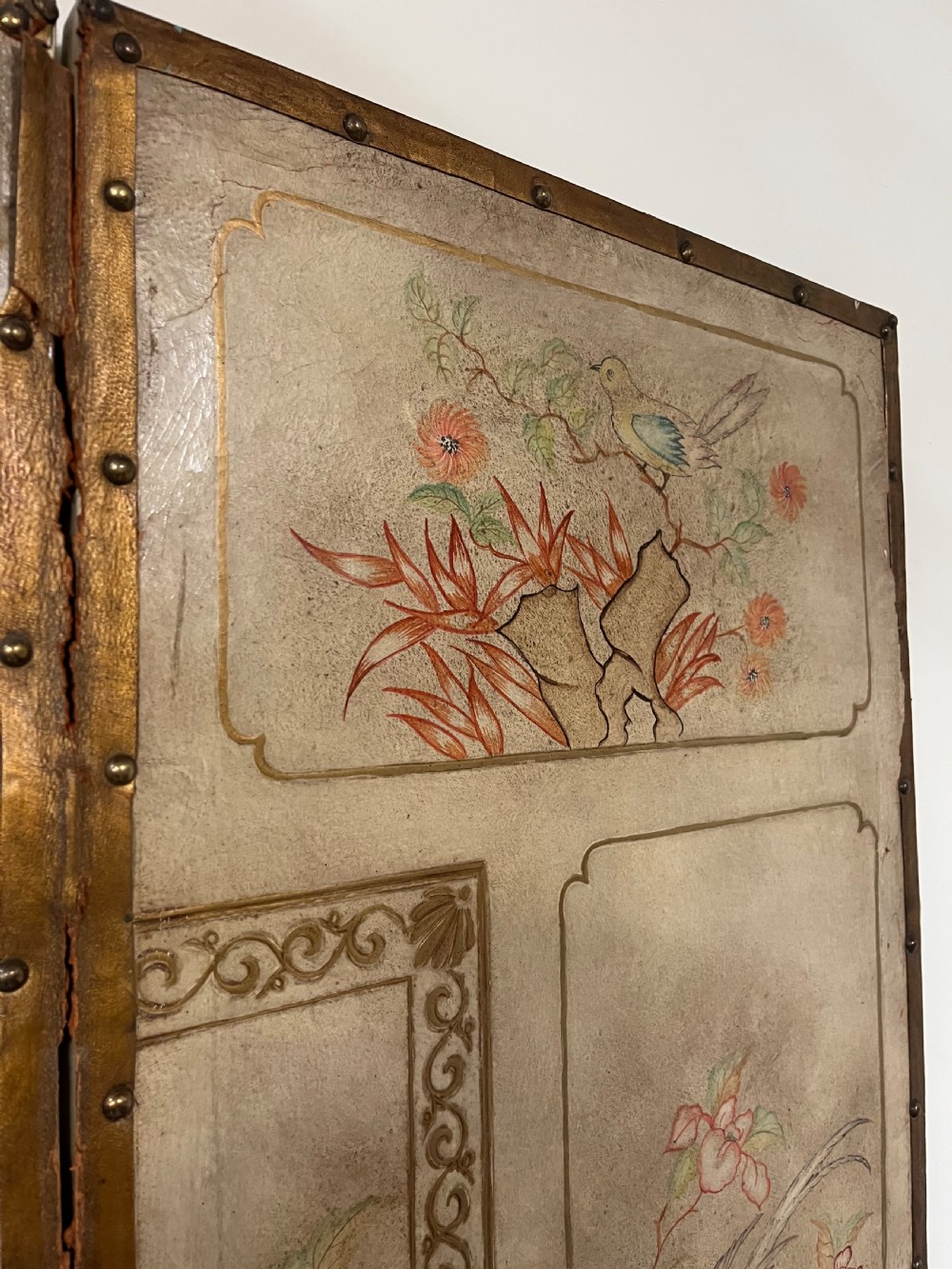 Hand painted chinoiserie leather folding screen  View XI