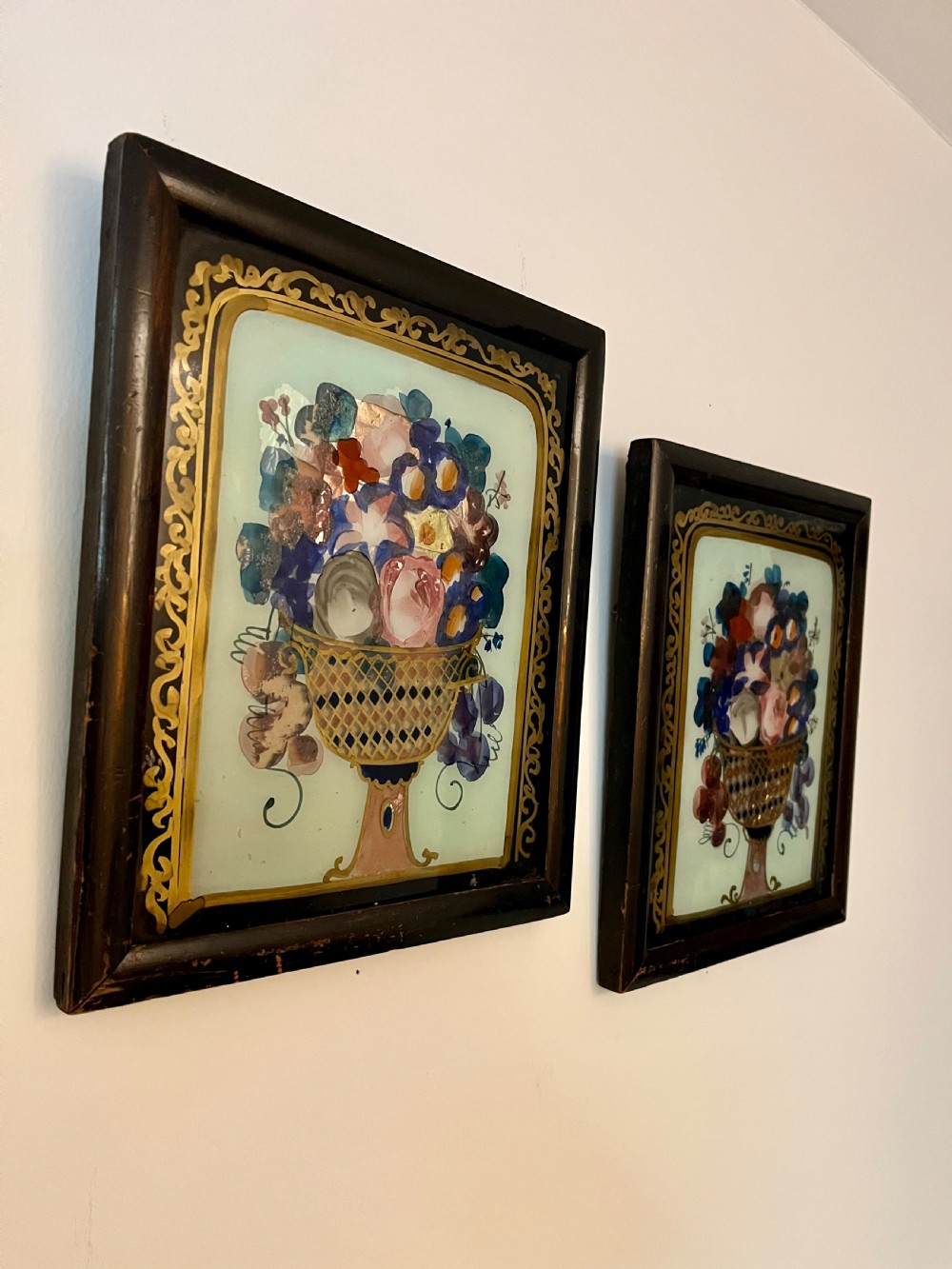 Pair naive reverse glass paintings  View II
