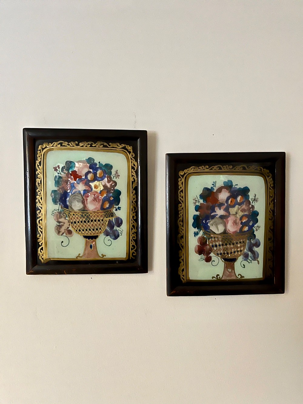 Pair naive reverse glass paintings  View X