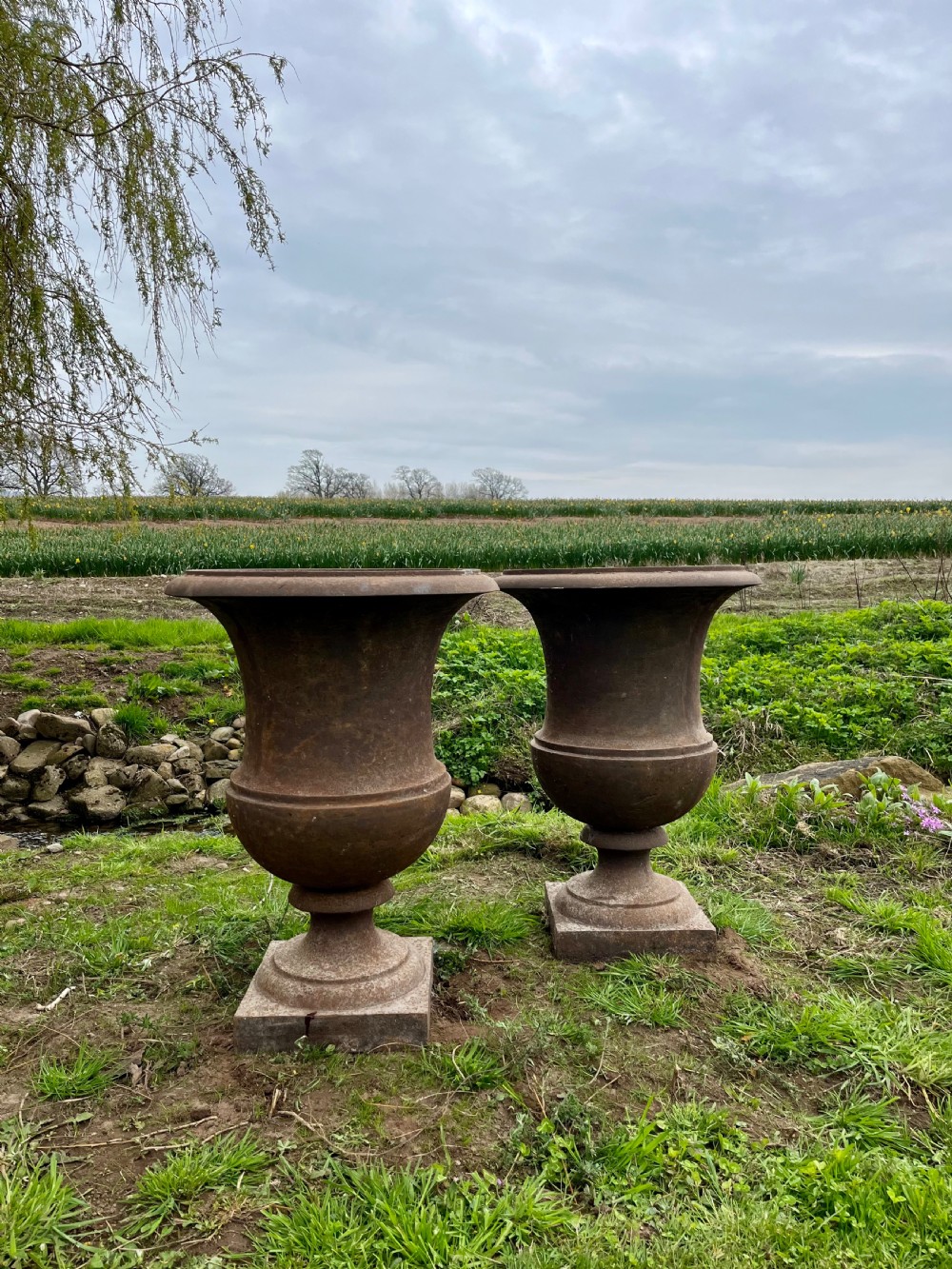 Large pair cast iron garden urns  View II