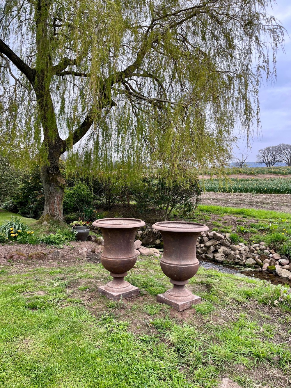 Large pair cast iron garden urns  View III