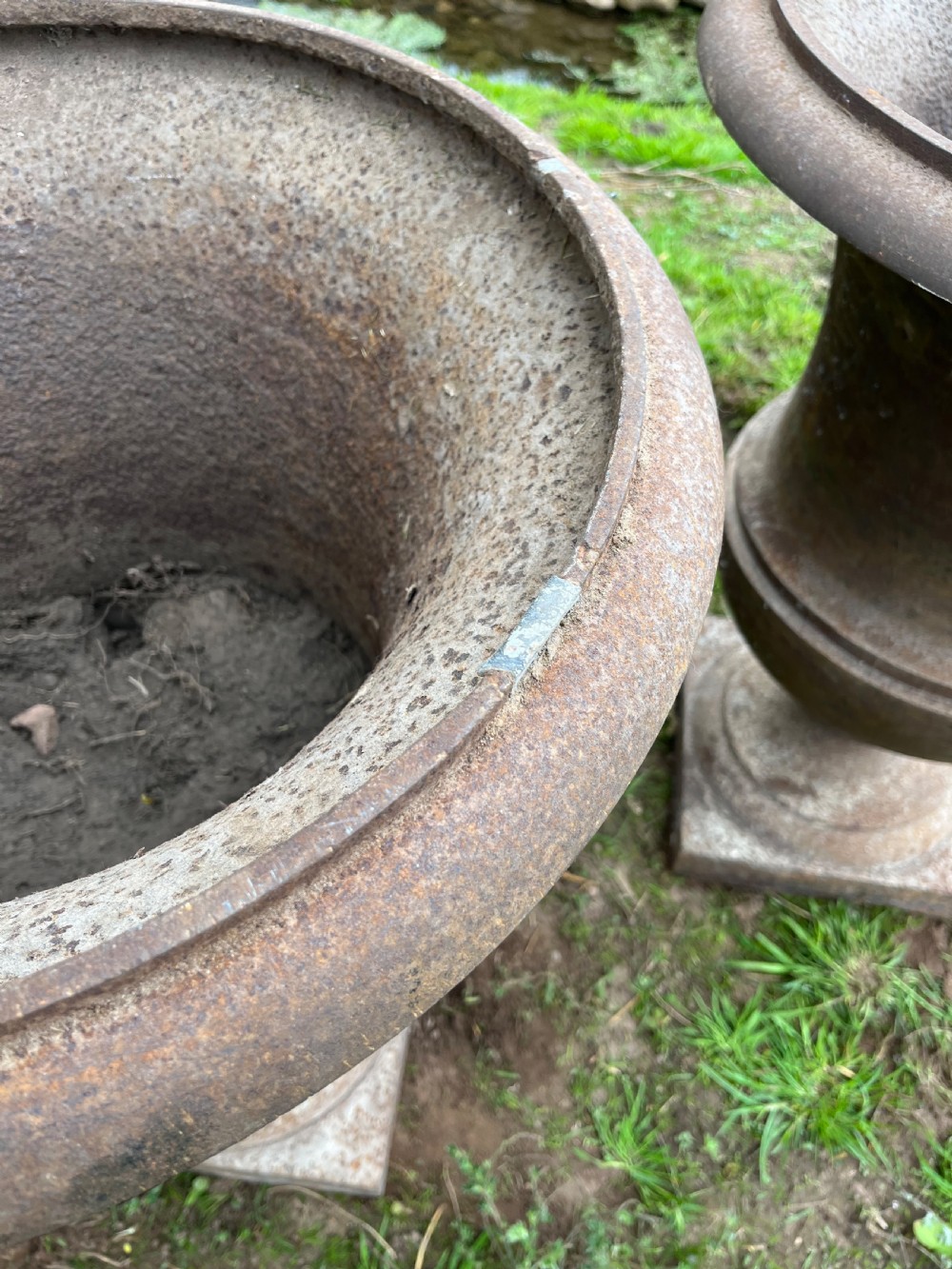 Large pair cast iron garden urns  View V