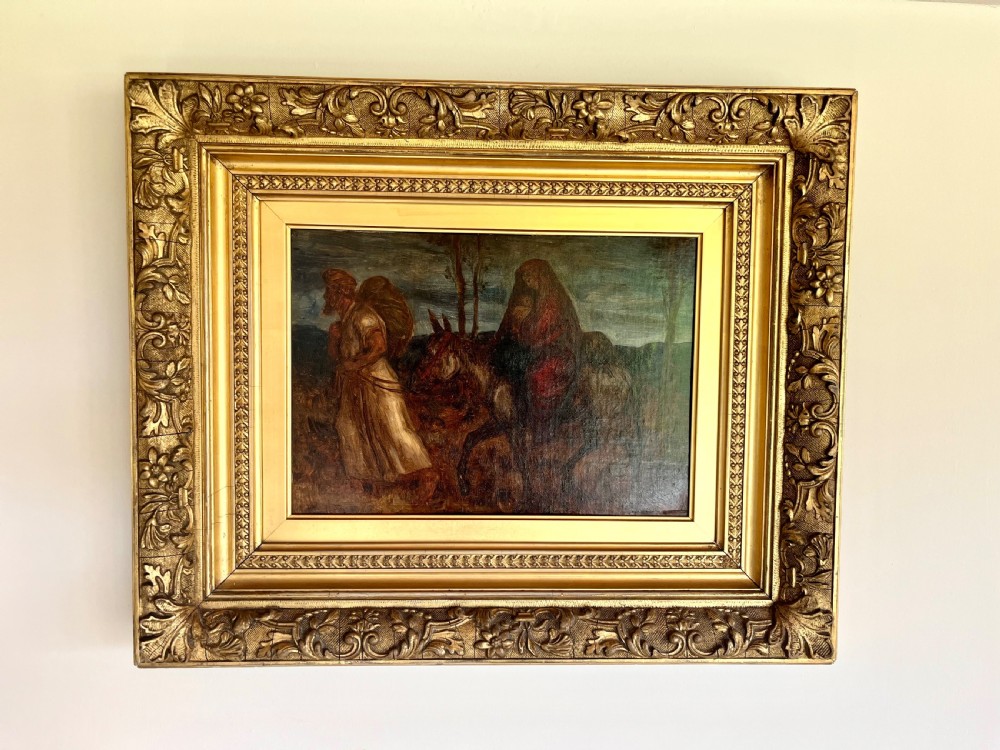 An oil painting depicting a biblical narrative scene, presented inside a deeply moulded gold gilt picture frame.