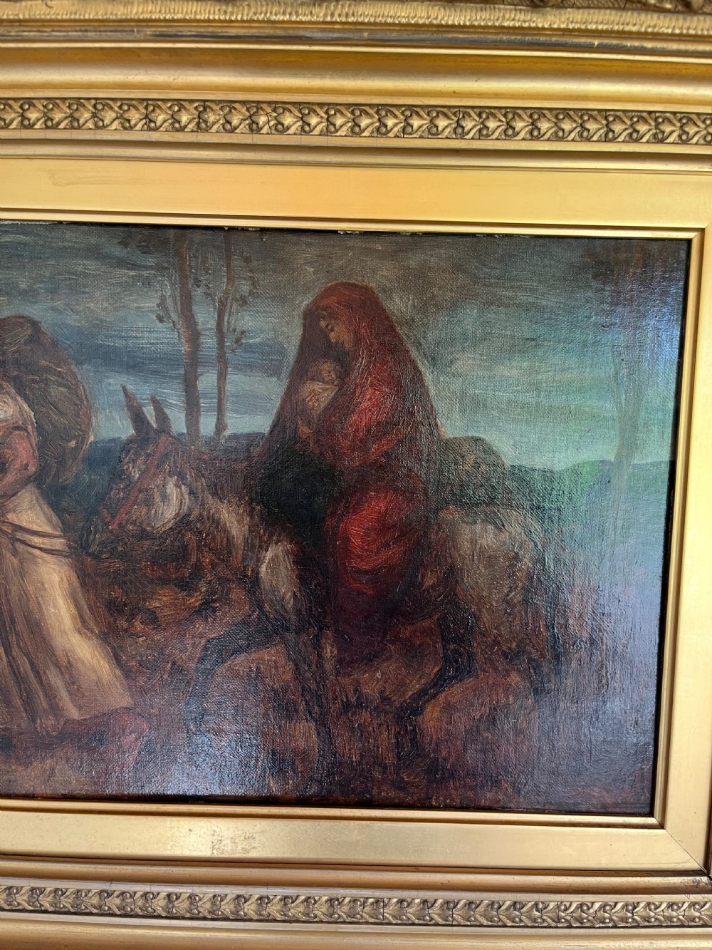 An oil painting depicting a biblical narrative scene, presented inside a deeply moulded gold gilt picture frame. View IV