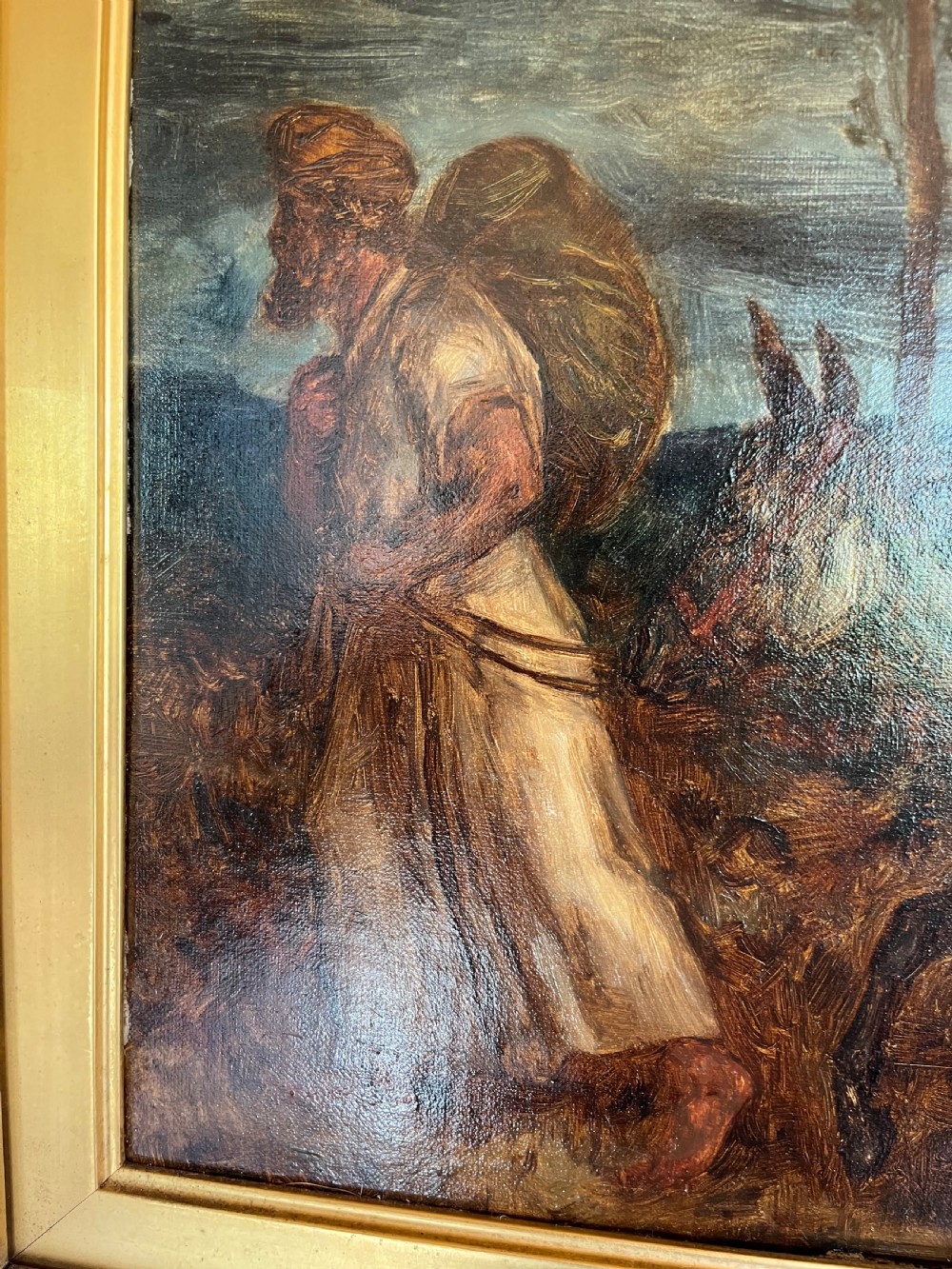An oil painting depicting a biblical narrative scene, presented inside a deeply moulded gold gilt picture frame. View VIII