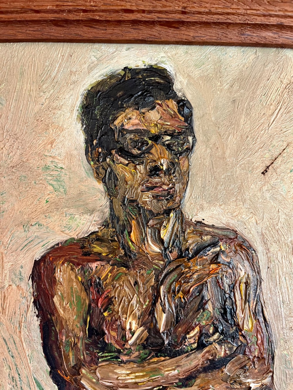 A framed expressionist oil painting depicting a standing male nude figure with crossed arms rendered in thick impasto paint. View III