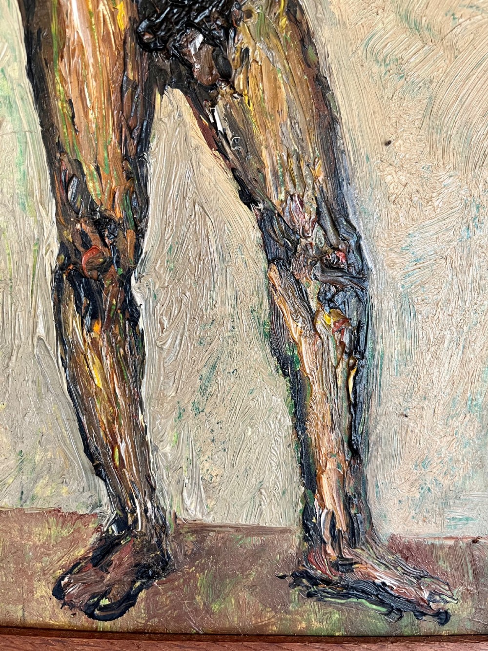 A framed expressionist oil painting depicting a standing male nude figure with crossed arms rendered in thick impasto paint. View IV
