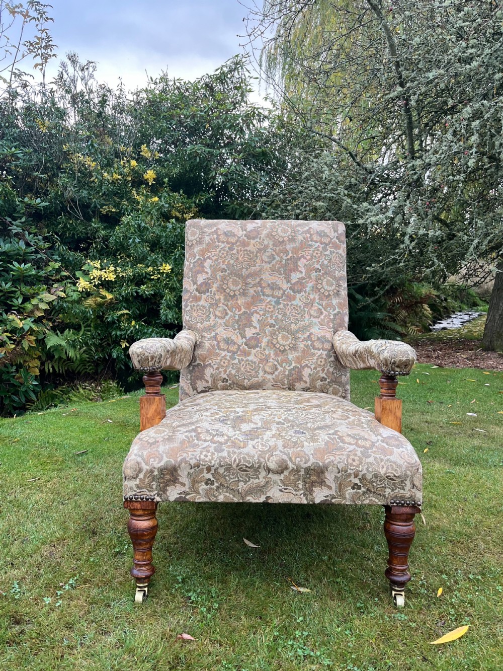 Oak upholstered open armchair  View II