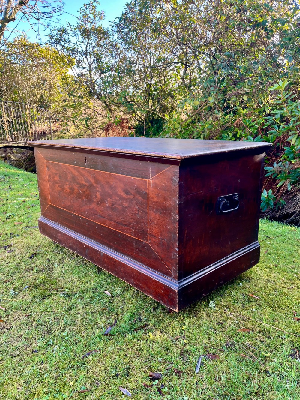 A rectangular dark reddish-brown pine storage chest with a hinged lid, painted panel border detail, and iron side handles. View III
