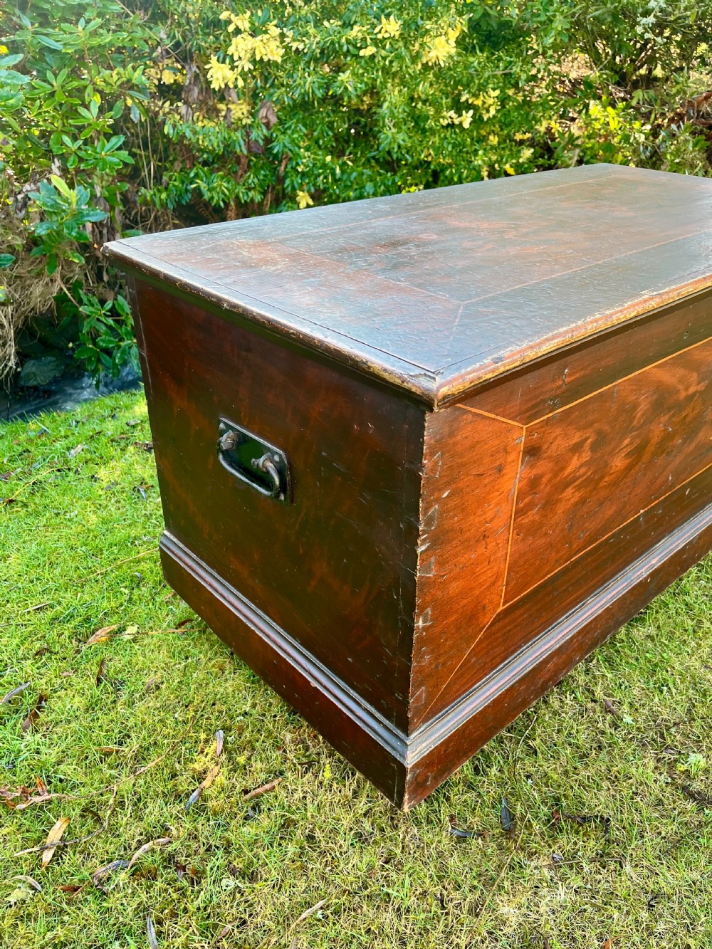 A rectangular dark reddish-brown pine storage chest with a hinged lid, painted panel border detail, and iron side handles. View VI