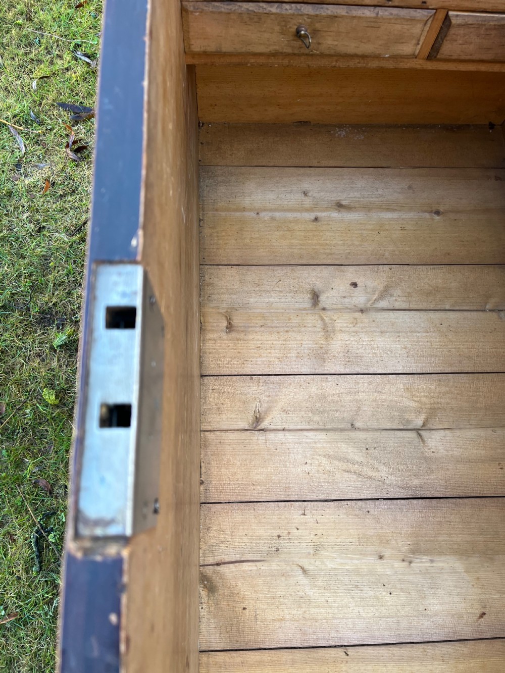 A rectangular dark reddish-brown pine storage chest with a hinged lid, painted panel border detail, and iron side handles. View VIII
