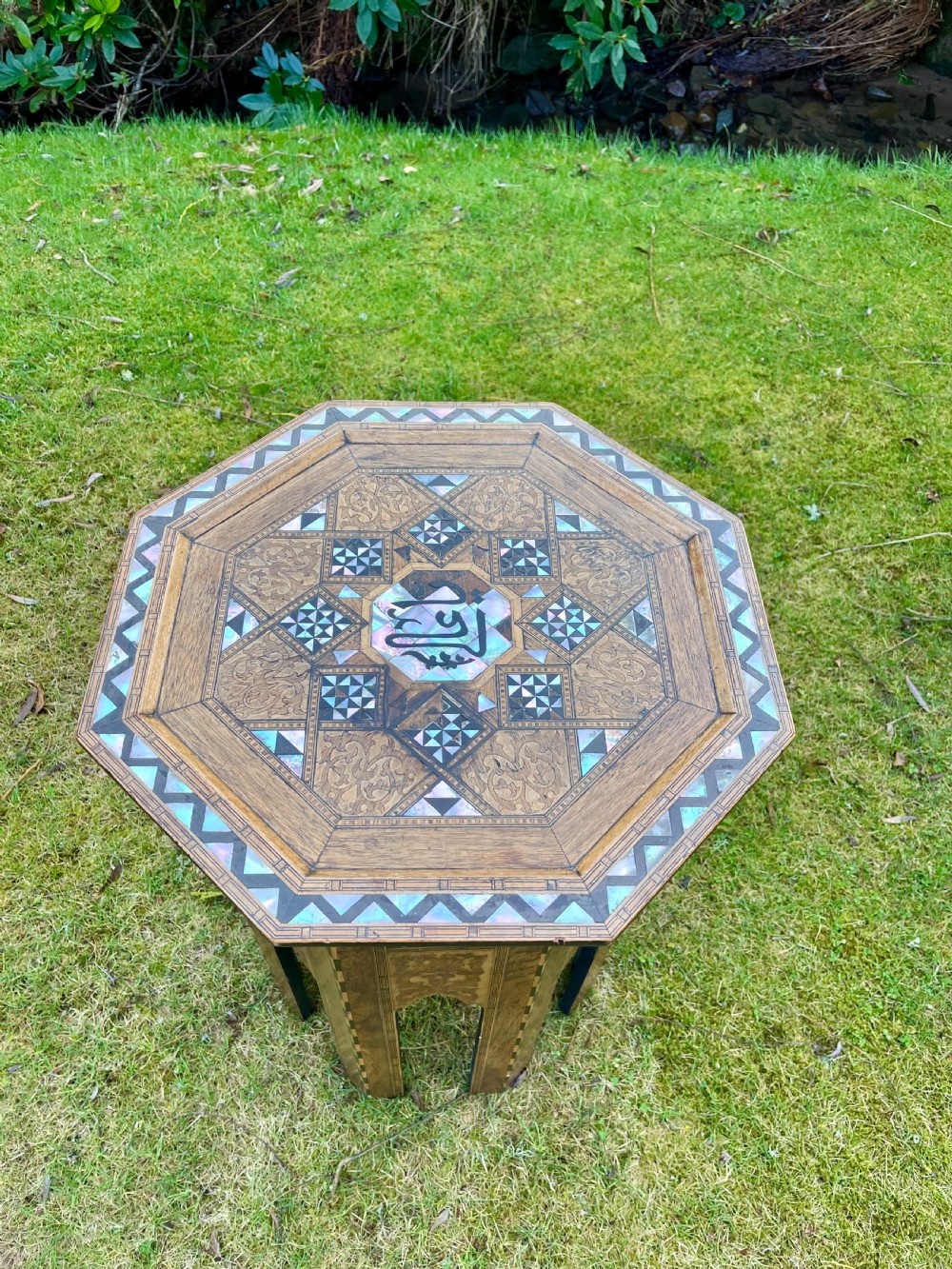 Large mother of pearl inlaid moorish table  View II