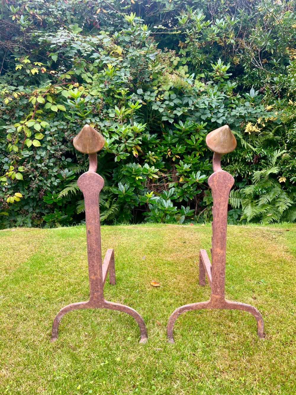 A pair of hand-forged wrought iron andirons featuring vertical spit hooks, arched feet, and conical brass finials. View II