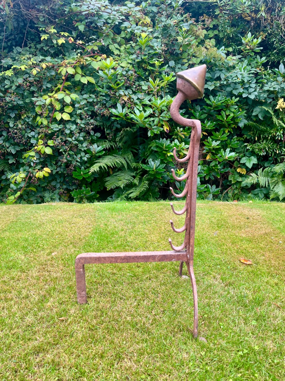 A pair of hand-forged wrought iron andirons featuring vertical spit hooks, arched feet, and conical brass finials. View V