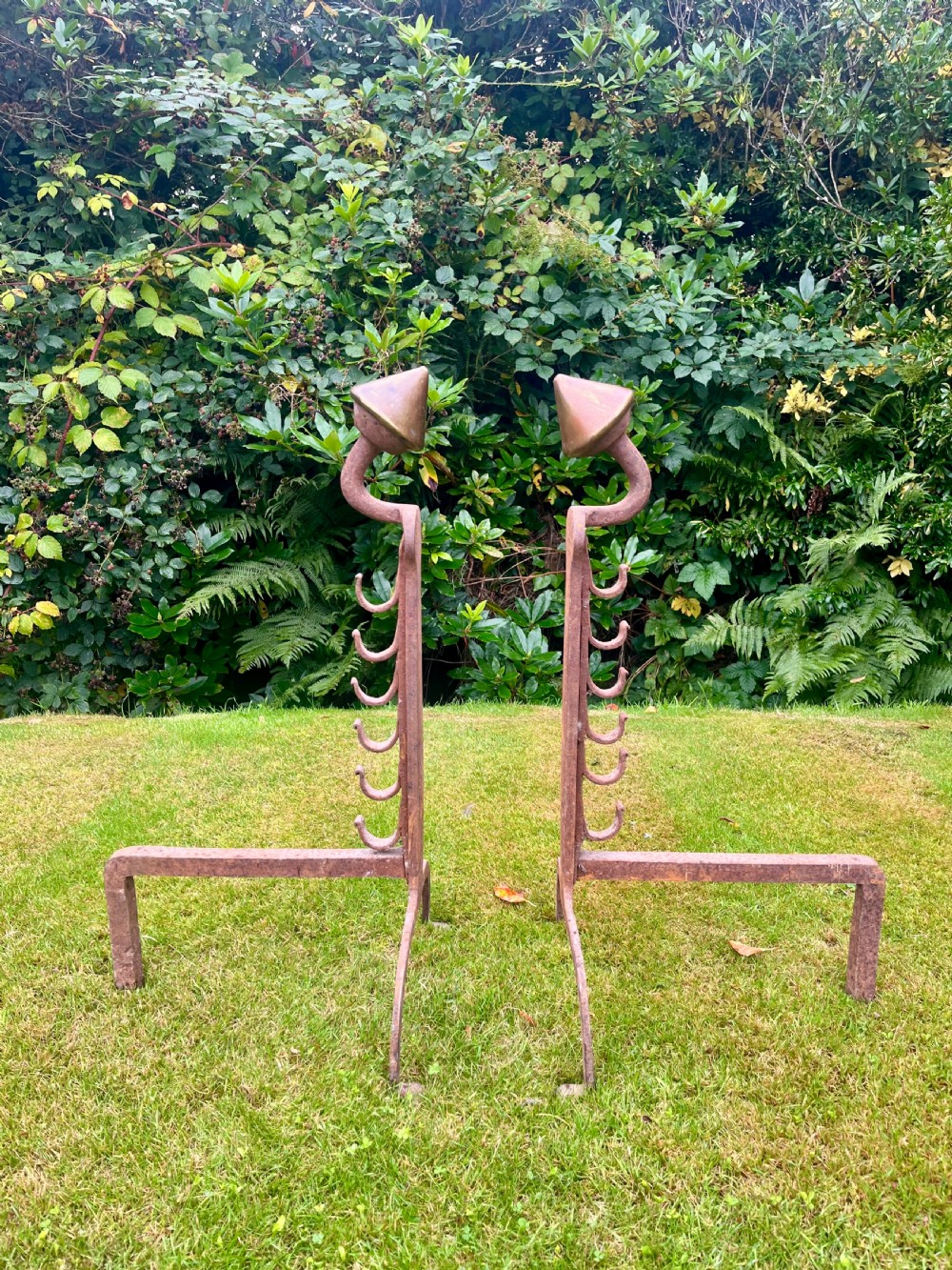 A pair of hand-forged wrought iron andirons featuring vertical spit hooks, arched feet, and conical brass finials. View VI