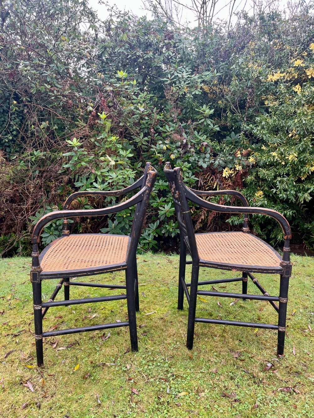 A pair of ebonised Regency armchairs featuring hand-painted floral cresting, turned spindle backs, swept arms, and woven cane seats. View VII