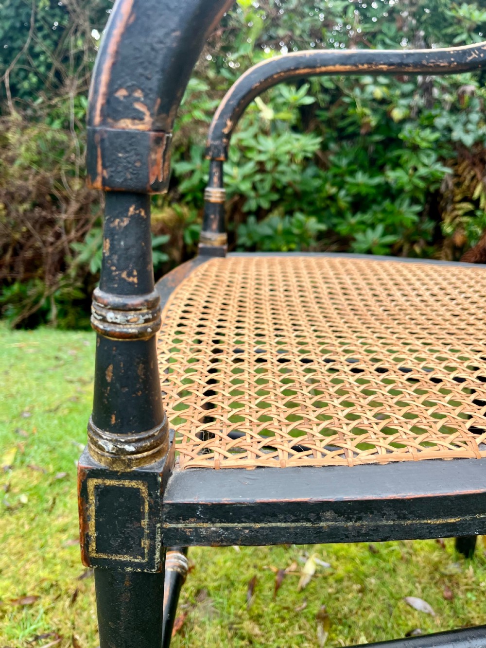 A pair of ebonised Regency armchairs featuring hand-painted floral cresting, turned spindle backs, swept arms, and woven cane seats. View VIII