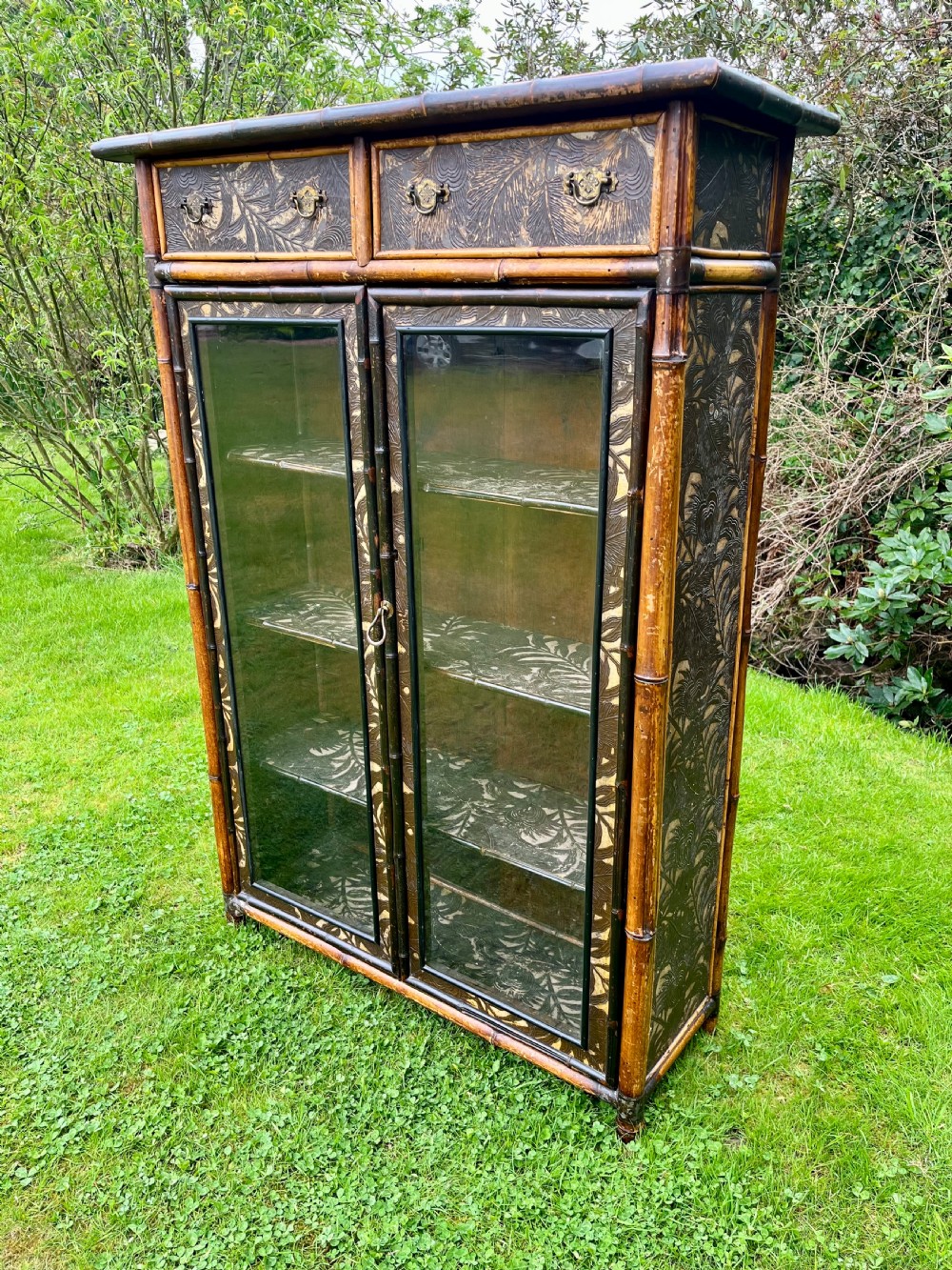 A late Victorian bamboo display cabinet with two glazed doors, upper drawers, and dark embossed botanical pattern panels. View VII