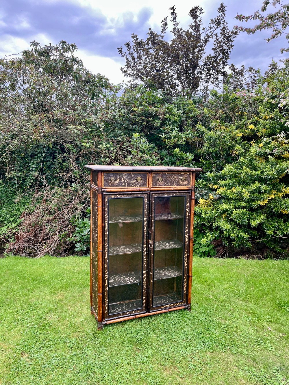 A late Victorian bamboo display cabinet with two glazed doors, upper drawers, and dark embossed botanical pattern panels. View XIII