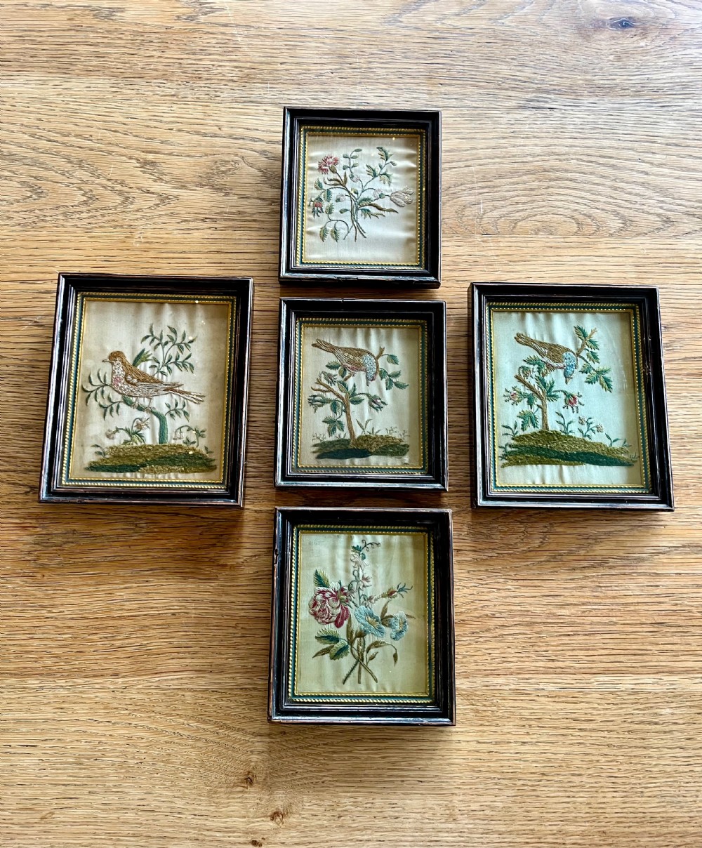 Five regency silkwork  embroidered pictures