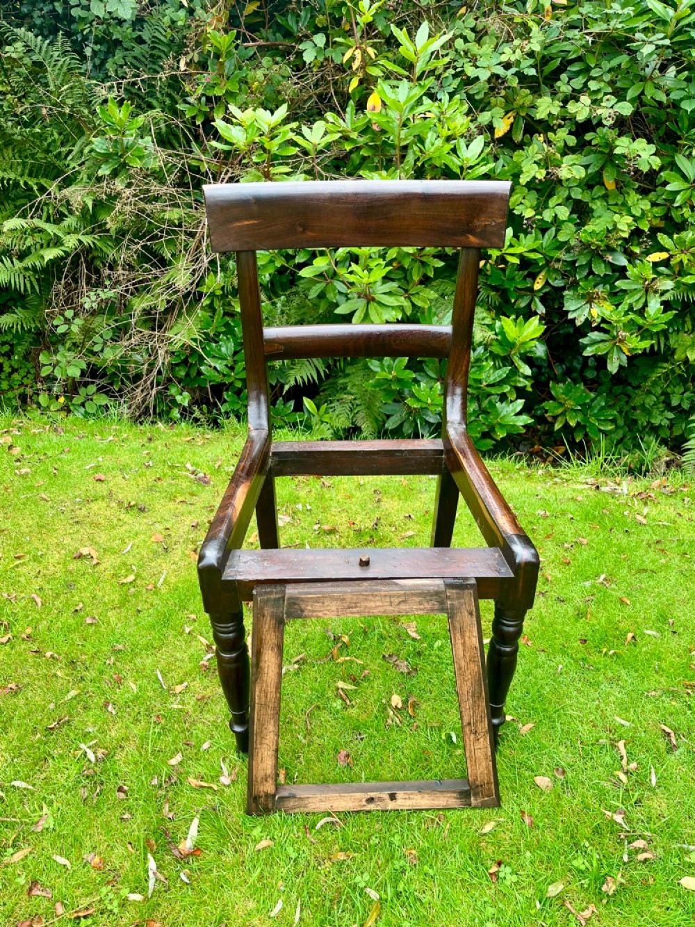 A pair of dark brown laburnum wooden side chairs featuring turned front legs, curved top rails, and open frames for drop-in seats. View X