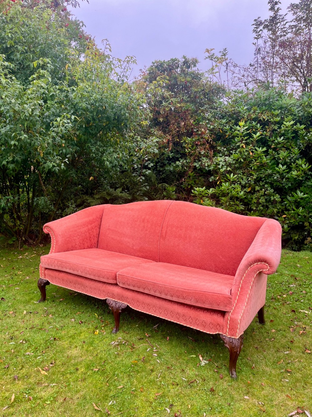 A terracotta upholstered camel back sofa featuring carved mahogany cabriole legs and twin seat cushions. View X