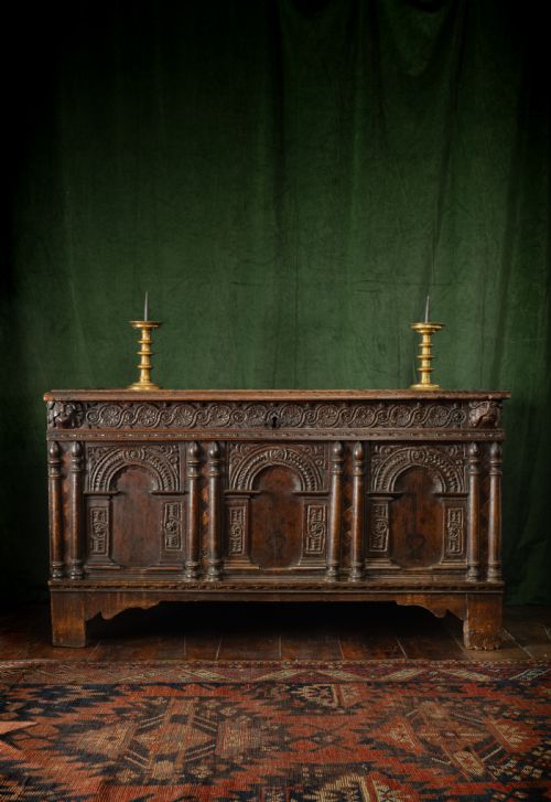 17th Century, Charles I, Carved and Inlaid Oak Chest, Salisbury, England, Circa 1640