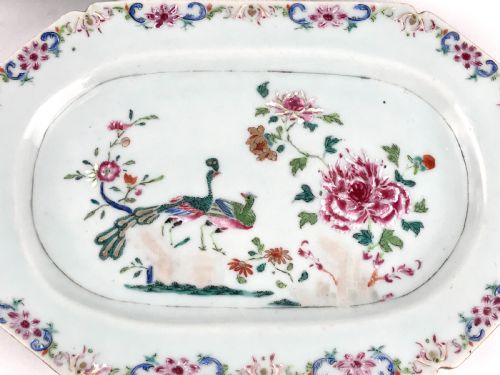 SUPERB CHINESE 18TH PORCELAIN DOUBLE PEACOCK PLATTER FAMILLE ROSE QIANLONG NO 1 - ADDITIONAL PHOTO 6