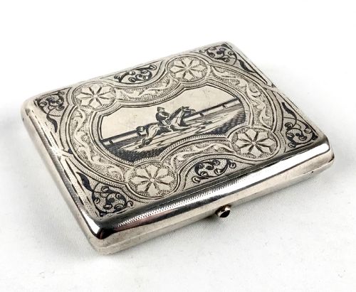 fine solid silver cigarette case russian niello horse racing interest moscow 19th century - CATEGORY: ANTIQUE SILVER - DATED 19TH CENTURY