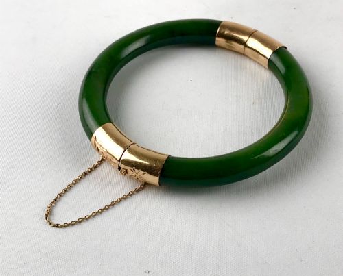 ANTIQUE ART DECO JADE 18K GOLD BRACELET BANGLE - ADDITIONAL PHOTO 2