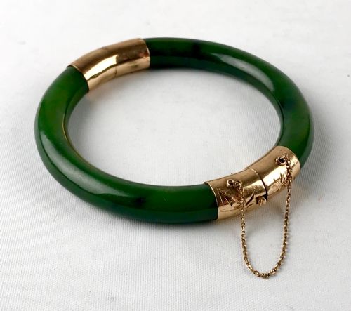 ANTIQUE ART DECO JADE 18K GOLD BRACELET BANGLE - ADDITIONAL PHOTO 3