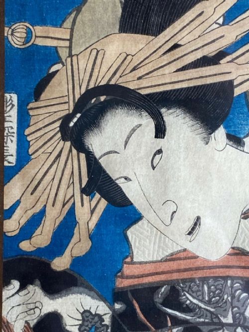 ANTIQUE MID 19TH CENTURY JAPANESE WOODBLOCK PICTURE PRINT MEIJI PERIOD - ADDITIONAL PHOTO 6