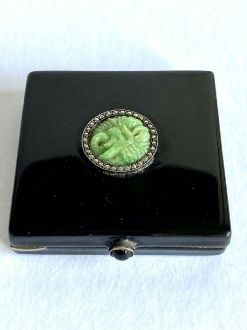antique art deco compact black lacquer jade marcasite - CATEGORY: ANTIQUE MISCELLANEOUS - DATED 1920