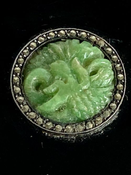 ANTIQUE ART DECO COMPACT BLACK LACQUER JADE MARCASITE - ADDITIONAL PHOTO 1