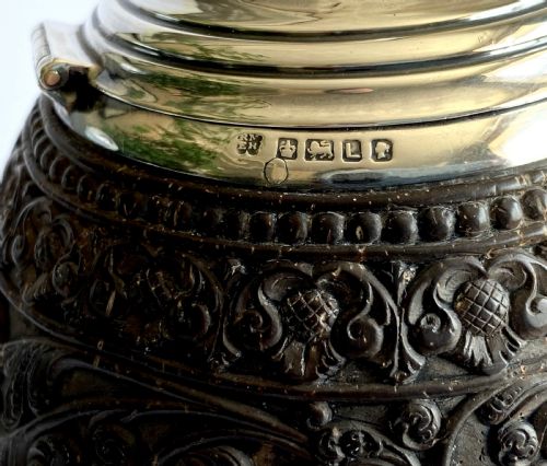 RARE SOLID SILVER MOUNTED CARVED COCONUT CUP 1878 255CM - ADDITIONAL PHOTO 6