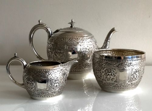 magnificent solid silver sterling tea set glasgow chinoiserie 1890 - CATEGORY: ANTIQUE SILVER - DATED VICTORIAN