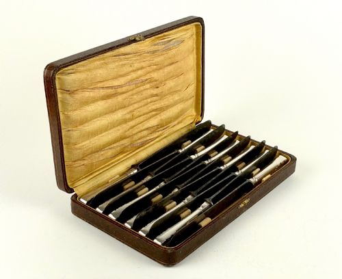 antique solid silver portuguese boxed dinner knife set porto 1839 - CATEGORY: ANTIQUE SILVER - DATED 19TH CENTURY