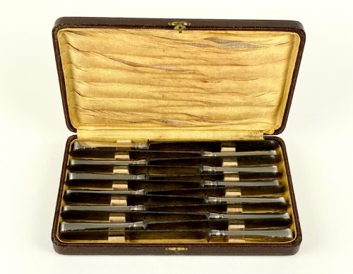 ANTIQUE SOLID SILVER PORTUGUESE BOXED DINNER KNIFE SET PORTO 1839 - ADDITIONAL PHOTO 1