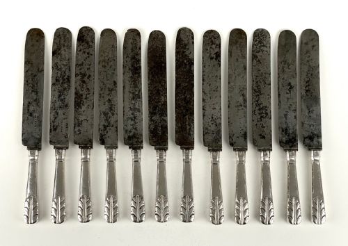 ANTIQUE SOLID SILVER PORTUGUESE BOXED DINNER KNIFE SET PORTO 1839 - ADDITIONAL PHOTO 2