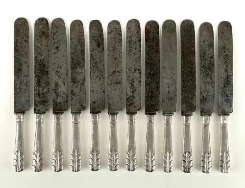 ANTIQUE SOLID SILVER PORTUGUESE BOXED DINNER KNIFE SET PORTO 1839 - ADDITIONAL PHOTO 7