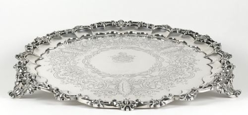 VICTORIAN SOLID SILVER STERLING LARGE SALVER TRAY LONDON 1851 - ADDITIONAL PHOTO 1