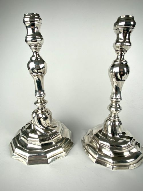 a pair of solid silver 18th century wrythen skirt candlesticks - CATEGORY: ANTIQUE SILVER - DATED 18TH CENTURY