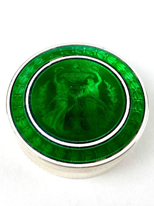 magnificent solid silver sterling french trinket box guilloche green enamel art deco - CATEGORY: ANTIQUE BOXES - DATED 1900