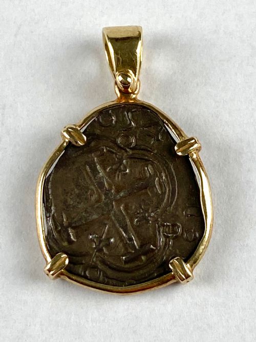 atosha shipwreck solid silver coin 14k gold mount pendant 1654 - CATEGORY: ANTIQUE JEWELLERY - DATED 17TH CENTURY