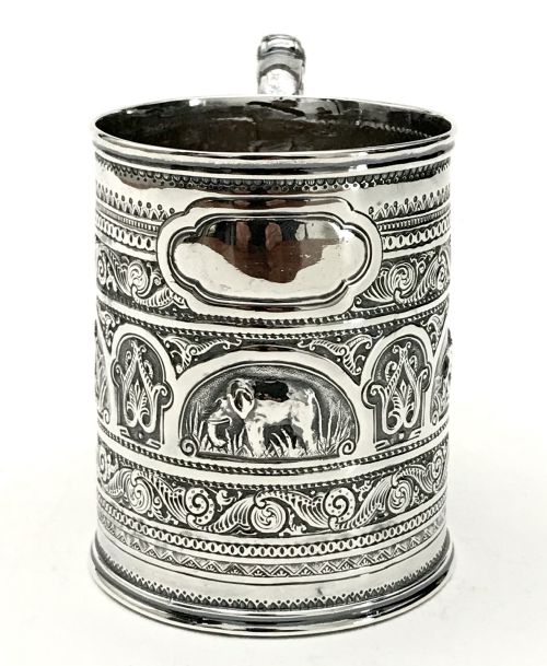 RARE ANGLO INDIAN SOLID SILVER STERLING 150G CHRISTENING MUG TANKARD C1880 - ADDITIONAL PHOTO 4