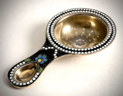 russian solid silver gilt and polychrome cloisonne enamel tea strainer 47g - CATEGORY: ANTIQUE SILVER - DATED 1920
