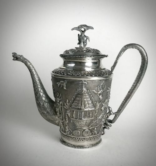 magnificent solid silver sterling coffee tea pot 726g burmese india 19th c - CATEGORY: ANTIQUE SILVER - DATED 19TH CENTURY