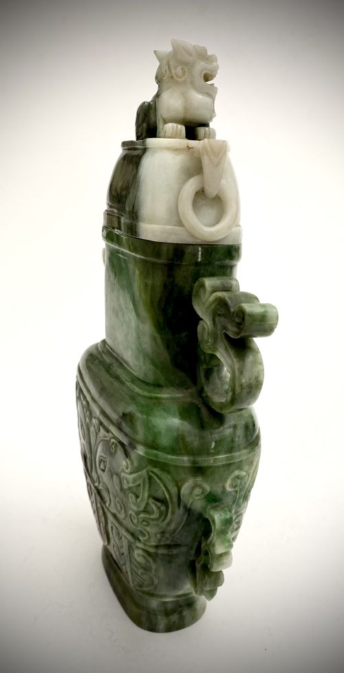 MAGNIFICENT CHINESE SPINACH JADE GREEN URN 1900 QING DYNASTY - ADDITIONAL PHOTO 1