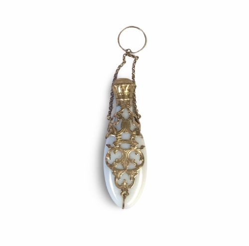 french opaline milk glass perfume bottle chatelaine 1880 victorian 18k gold - CATEGORY: ANTIQUE GLASS - DATED 1880