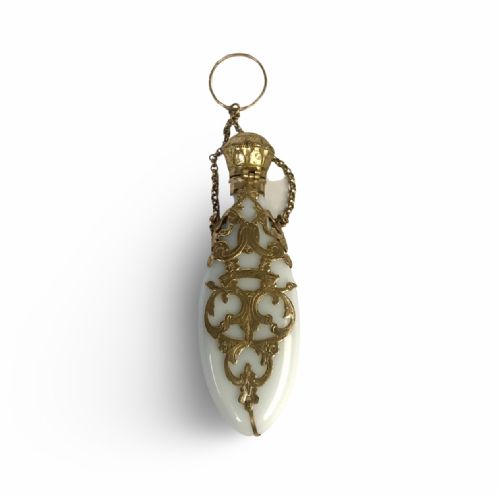 FRENCH OPALINE MILK GLASS PERFUME BOTTLE CHATELAINE 1880 VICTORIAN 18K GOLD - ADDITIONAL PHOTO 2